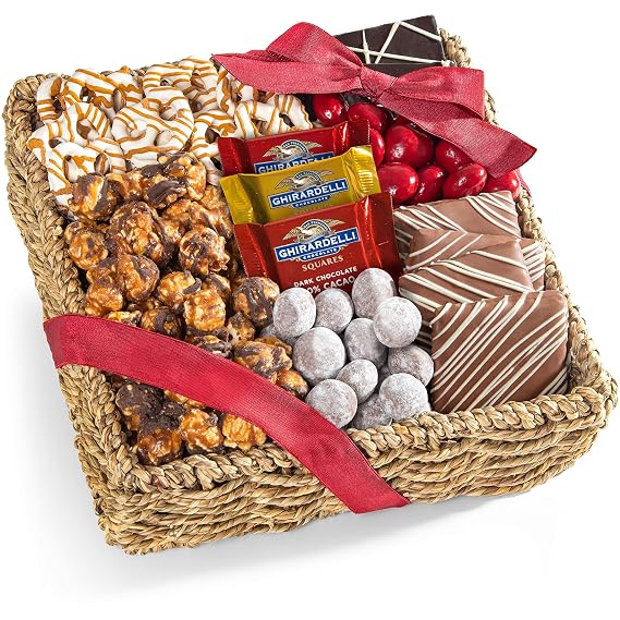 A Gift Inside Chocolate Gift Basket, Gourmet Chocolate Gift Basket with Caramel Popcorn, Chocolate Covered Cherries, Ghirardelli Chocolates & Sweet Treats, Snack Gift Basket for All Occasions