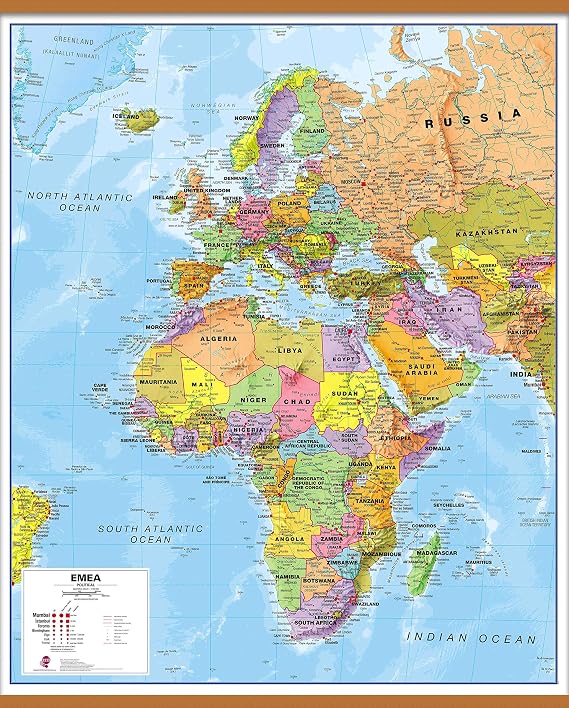 Maps International Political Europe Middle East Africa (EMEA) Map - Laminated with Wooden Hanging Bars - 47 x 39